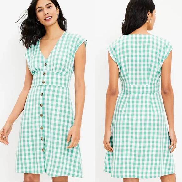 Loft Green & White Gingham Checkered A-Line Button Front Dress - Picture 1 of 10